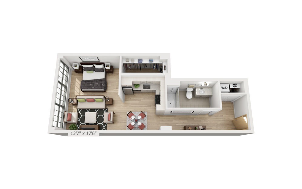 A1 - Studio floorplan layout with 1 bath and 698 square feet.
