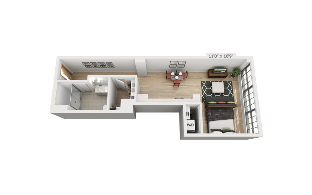 A2 - Studio floorplan layout with 1 bath and 601 square feet.